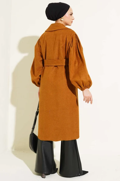 Balon Kol Kuşaklı Kaşe Kaban Hardal - Resim 3