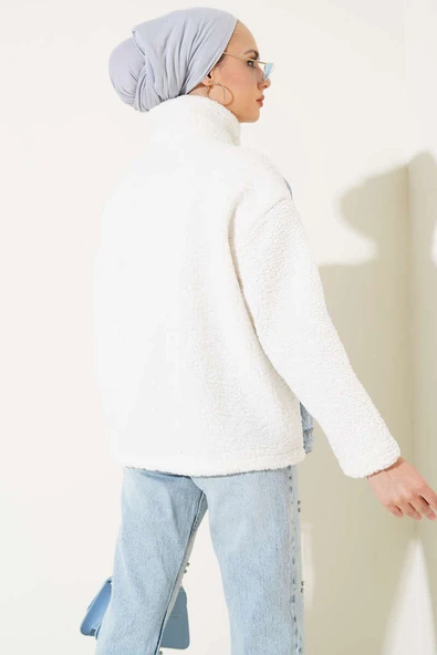 Kot Garnili Fermuarlı Peluş Ceket Mavi - Resim 3