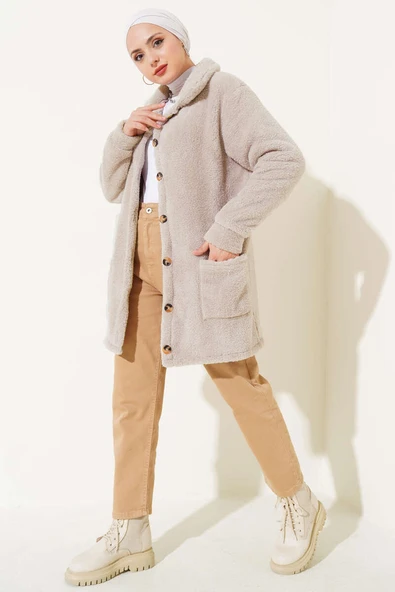 Düğmeli Peluş Hırka Bej - Resim 2