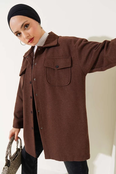Çift Cepli Kaşe Gömlek Kahve