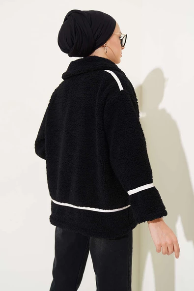 Deri Biyeli Fermuarlı Peluş Ceket Siyah - Resim 3