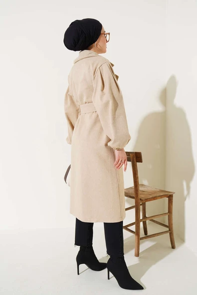 Balon Kol Kuşaklı Kaşe Kaban Bej - Resim 3