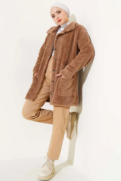 Düğmeli Peluş Hırka Kahve - Resim 2