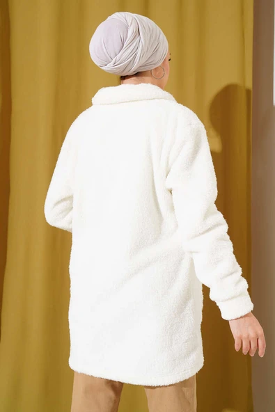 Düğmeli Peluş Hırka Ekru - Resim 3