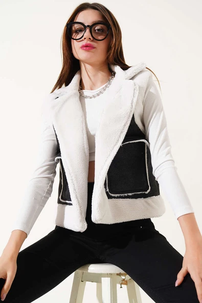 İçi Kürklü Çift Cepli Kısa Yelek Siyah - Resim 2