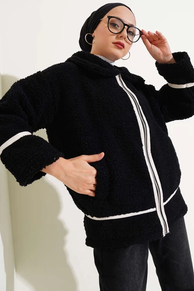 Deri Biyeli Fermuarlı Peluş Ceket Siyah ürün görseli 1