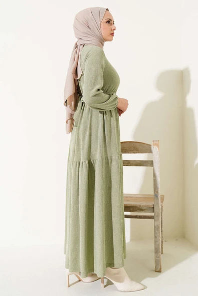 Kuşaklı Ağaç Kabuğu Elbise Mint - Resim 3