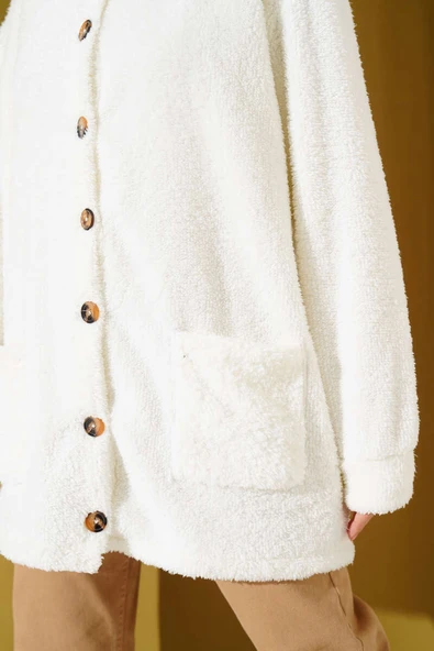 Düğmeli Peluş Hırka Ekru - Resim 4