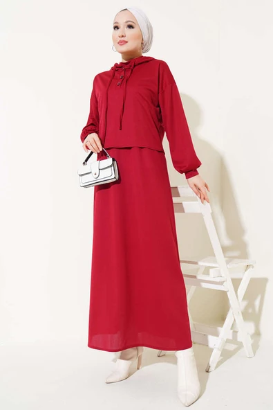 Kapüşonlu Elbise İkili Takım Bordo ürün görseli 1