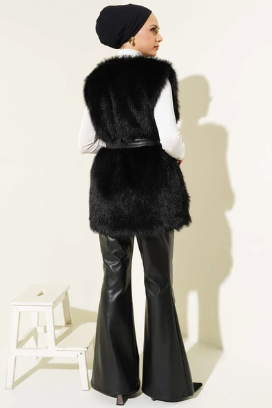 Lolita Peluş Kuşaklı Yelek Siyah - Resim 3