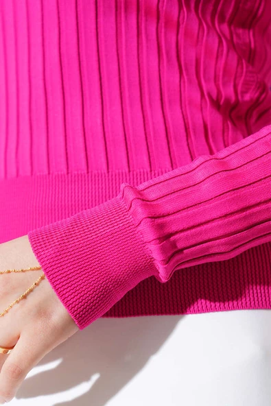 Fitilli Tam Balıkçı Yaka Triko Kazak Fuşya - Resim 4