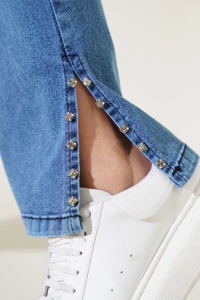 Paça Yanı Taşlı Kot Pantolon Kot Mavisi - Resim 4