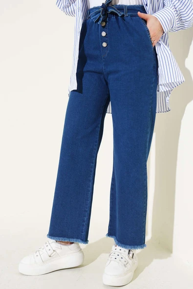Paça Püsküllü Kendinden Kuşaklı Kot Pantolon Kot - 2