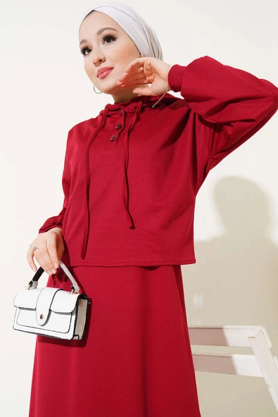 Kapüşonlu Elbise İkili Takım Bordo - Resim 2