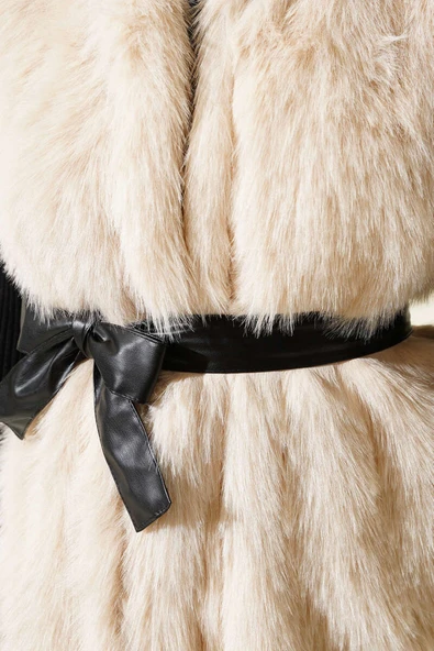 Lolita Peluş Kuşaklı Yelek Bej - Resim 4