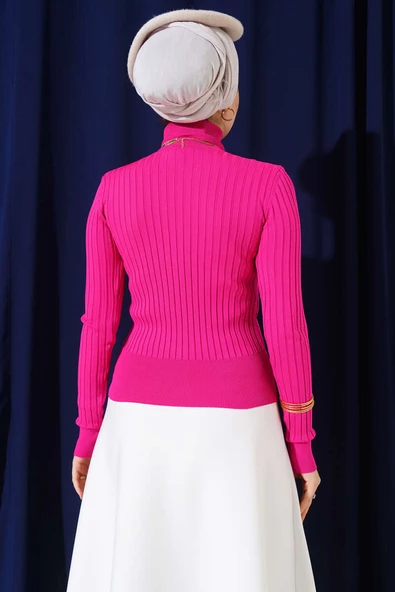 Fitilli Tam Balıkçı Yaka Triko Kazak Fuşya - Resim 3