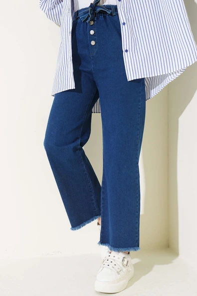 Paça Püsküllü Kendinden Kuşaklı Kot Pantolon Kot