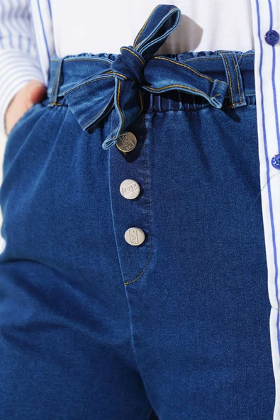 Paça Püsküllü Kendinden Kuşaklı Kot Pantolon Kot - 4