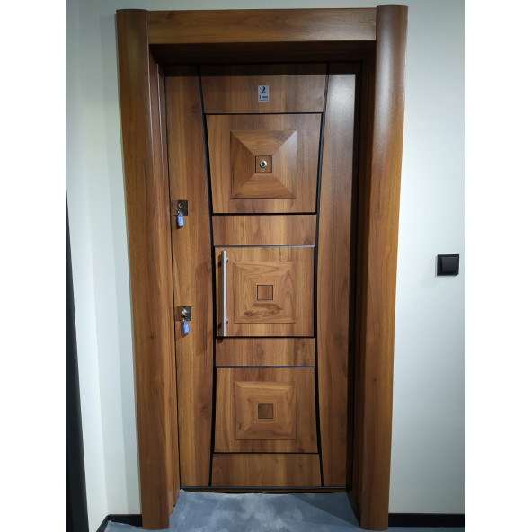 TEZ-3451 Ahşap Kaplama Kabartma Model Çelik Kapı, Daire Kapısı , Villa Kapısı - 3