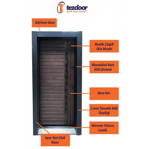 TEZ-1559 Statik Kasalı Rustik Çizgili Model Çelik Kapı, Daire Kapısı, Villa Kapısı - 2