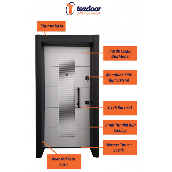 TEZ-1593B Siyah Renk Statik Kasalı Rustik Çizgili Model Çelik Kapı, Daire Kapısı, Villa Kapısı - 2