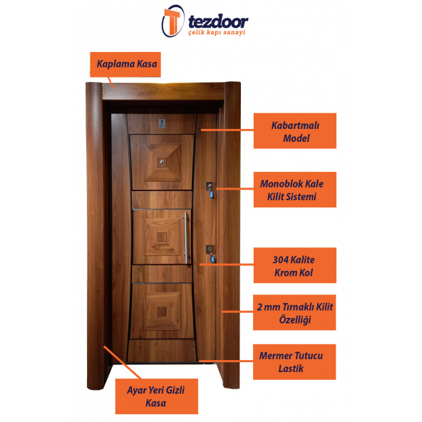 TEZ-3451 Ahşap Kaplama Kabartma Model Çelik Kapı, Daire Kapısı , Villa Kapısı - 2