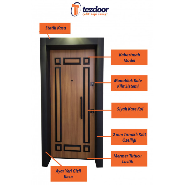 TEZ-1541 Statik Boyalı Ahşap Desenli Kabartma Model Çelik Kapı, Daire Kapısı, Villa Kapısı - 2