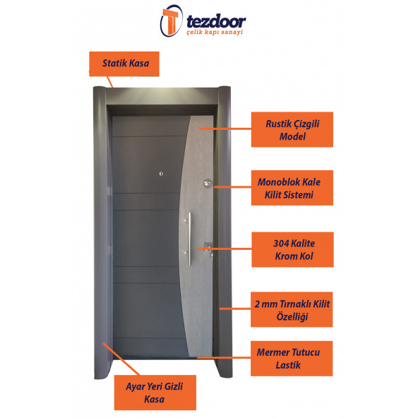 TEZ-1597 Antrasit Renk Statik Kasalı Rustik Çizgili Model Çelik Kapı, Daire Kapısı, Villa Kapısı - 2