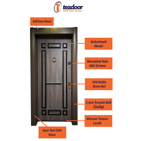 TEZ-2467 Eskitme Tanganika Kabartmalı Model Daire Giriş Kapısı, Çelik Kapısı, Villa Kapısı - 2