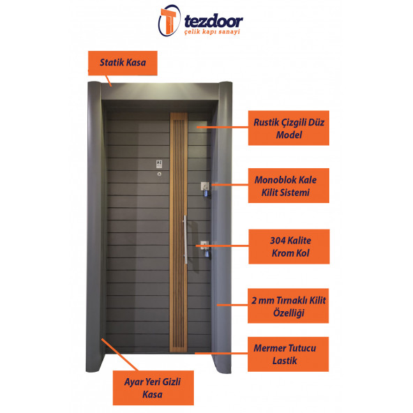 1599 Antrasit Renk Çelik Kapı, Daire Kapısı, Statik Kasalı Rustik Çizgili Model Çelik Kapı, Villa Kapısı - 2