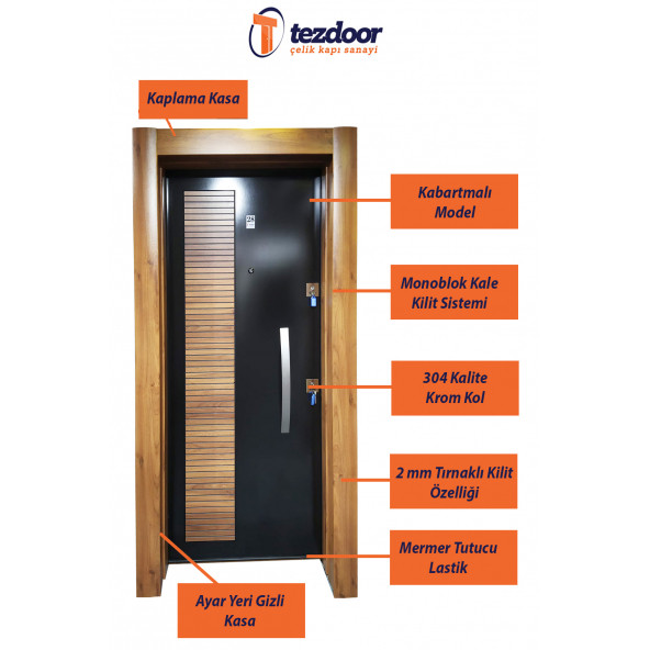 TEZ-3459 Ahşap Kaplama Kabartma Model Çelik Kapı, Daire Kapısı, Villa Kapısı - 2