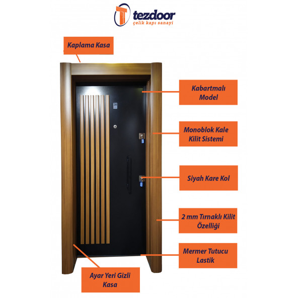 TEZ-3458 Ahşap Kaplama Kabartma Model Çelik Kapı, Daire Kapısı, Villa Kapısı - 2