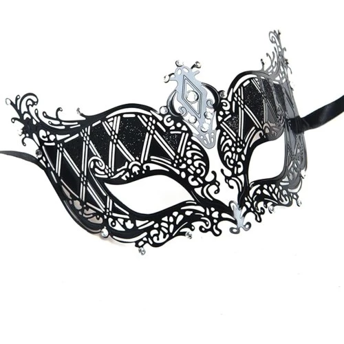 Kristal Gümüş Taşlı Siyah Lazer Kesim Metal Lüks Maske - 2