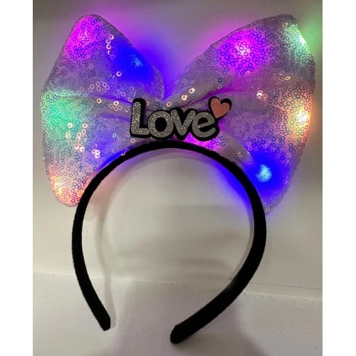 Led Işıklı Gümüş Love Yazılı Lila Fiyonk Taç - 1