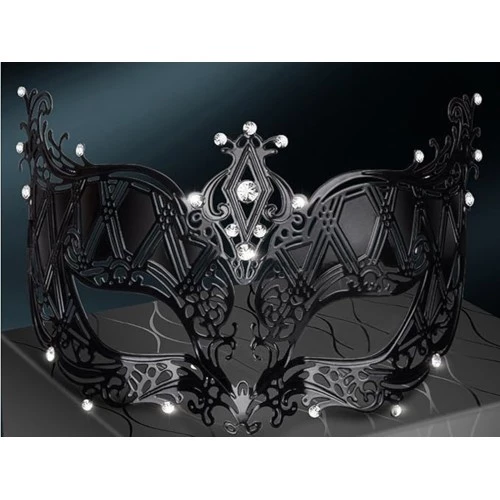 Kristal Gümüş Taşlı Siyah Lazer Kesim Metal Lüks Maske - 4