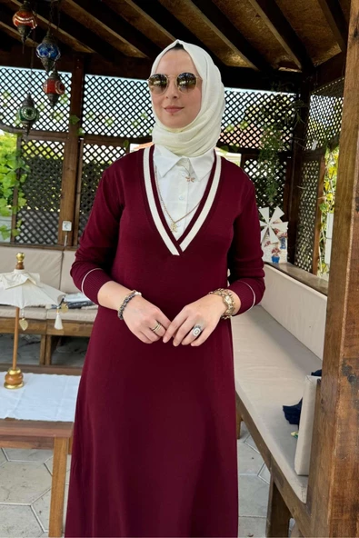 Eylül Gömlekli Triko Elbise Bordo - 5