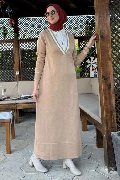 Eylül Gömlekli Triko Elbise Bej