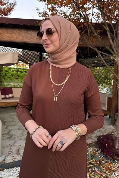 Zebra Desen Triko Elbise Kahve - Resim 5