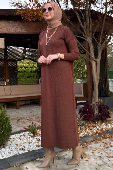 Zebra Desen Triko Elbise Kahve - Resim 4