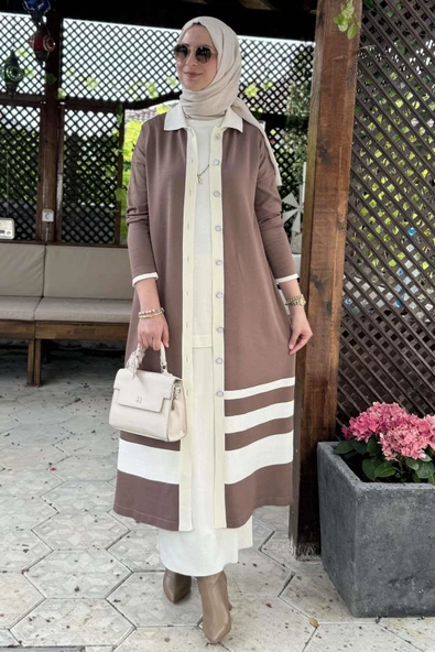 İmge Çizgili Triko Hırka Sütlü Kahve - 7