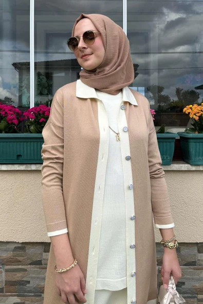 İmge Çizgili Triko Hırka Bej - 7