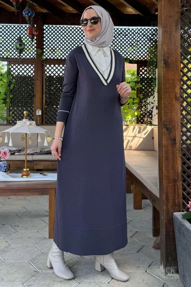 Eylül Gömlekli Triko Elbise Antrasit - Resim 5