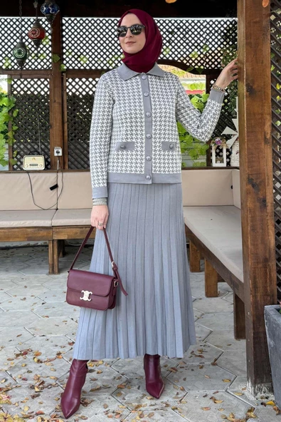 Kazayağı Triko Hırka Takım Gri