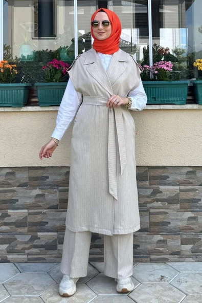 Apoletli Çizgili Takım Bej - 7