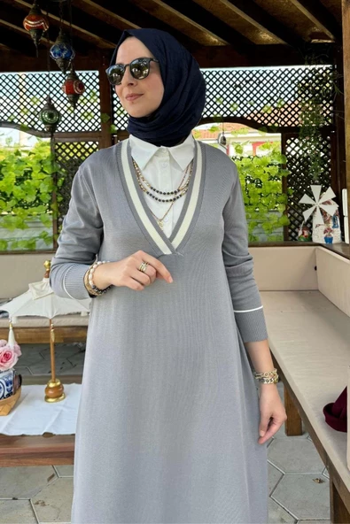 Eylül Gömlekli Triko Elbise Gri - 5