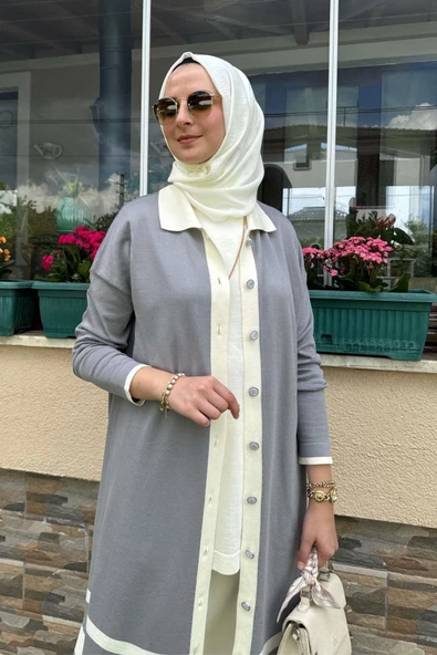 İmge Çizgili Triko Hırka Gri - 2