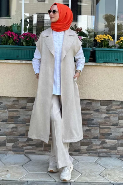 Apoletli Çizgili Takım Bej - 4