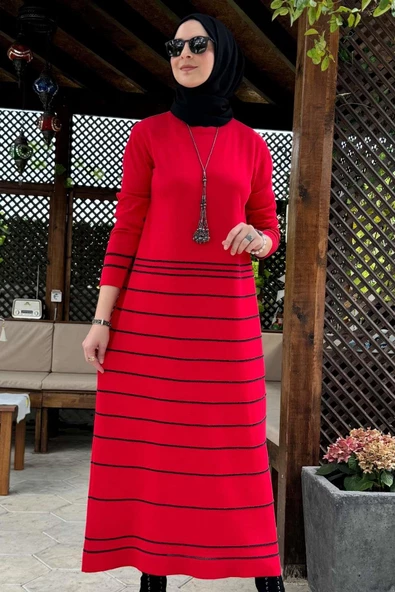 Nisan Simli Triko Elbise Kırmızı - 3