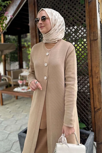 Sinem Çelik Örme Triko Hırka Bej - 7