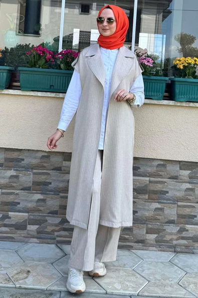 Apoletli Çizgili Takım Bej - 5